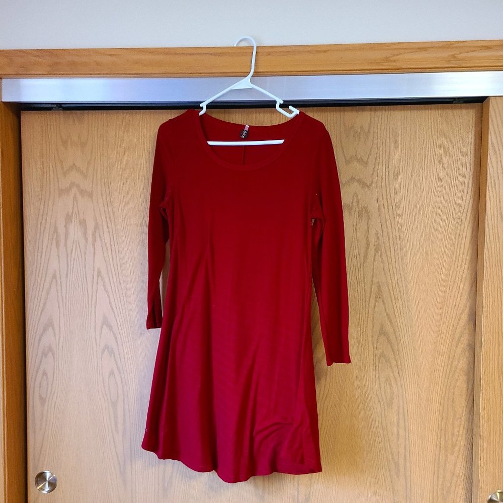 Long Sleeve Basic Merlot Red Cotton Dress (S/M)